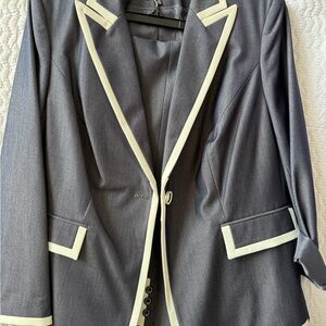 New Tailored Dark Denim Blue Pants Suit with Cream Trim